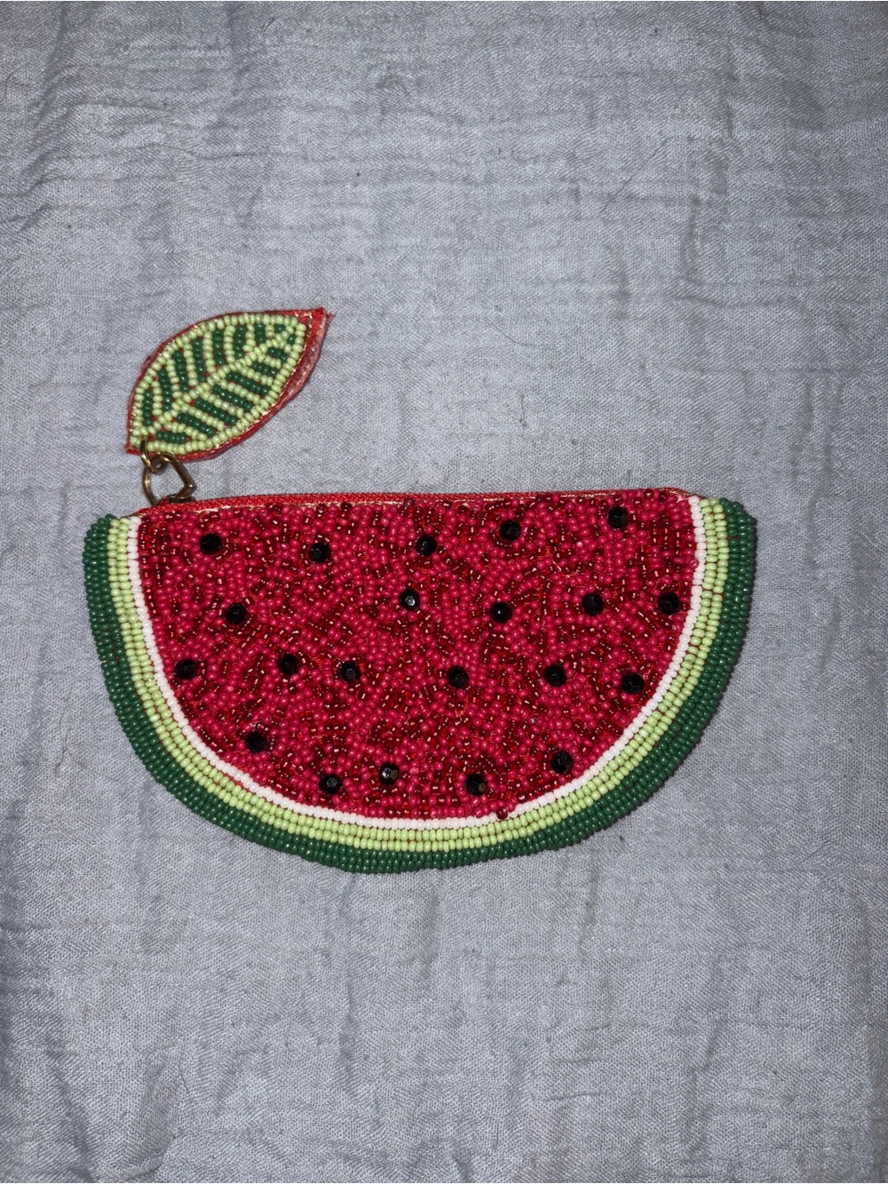 Beaded Watermelon Coin Purse with Leaf Charm - Red Green